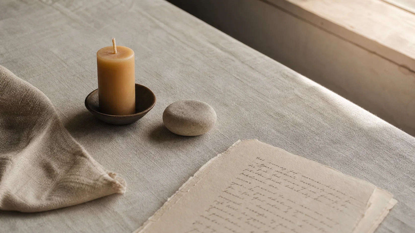 A still life of linen, a candle, stone, and a handwritten page in soft morning light.